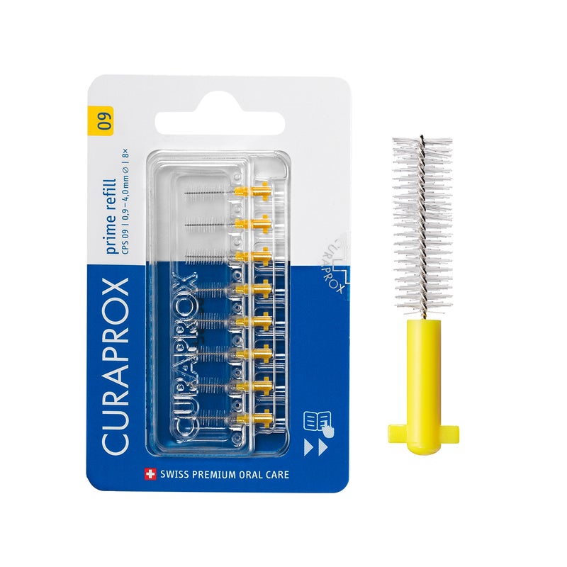 CURAPROX CPS Prime 09 Interdental Brush Refills | 8 Ultra-Fine Brushes (0.9mm - 4mm) for Effective Cleaning, Gentle on Gums, Yellow Pack - Image 1